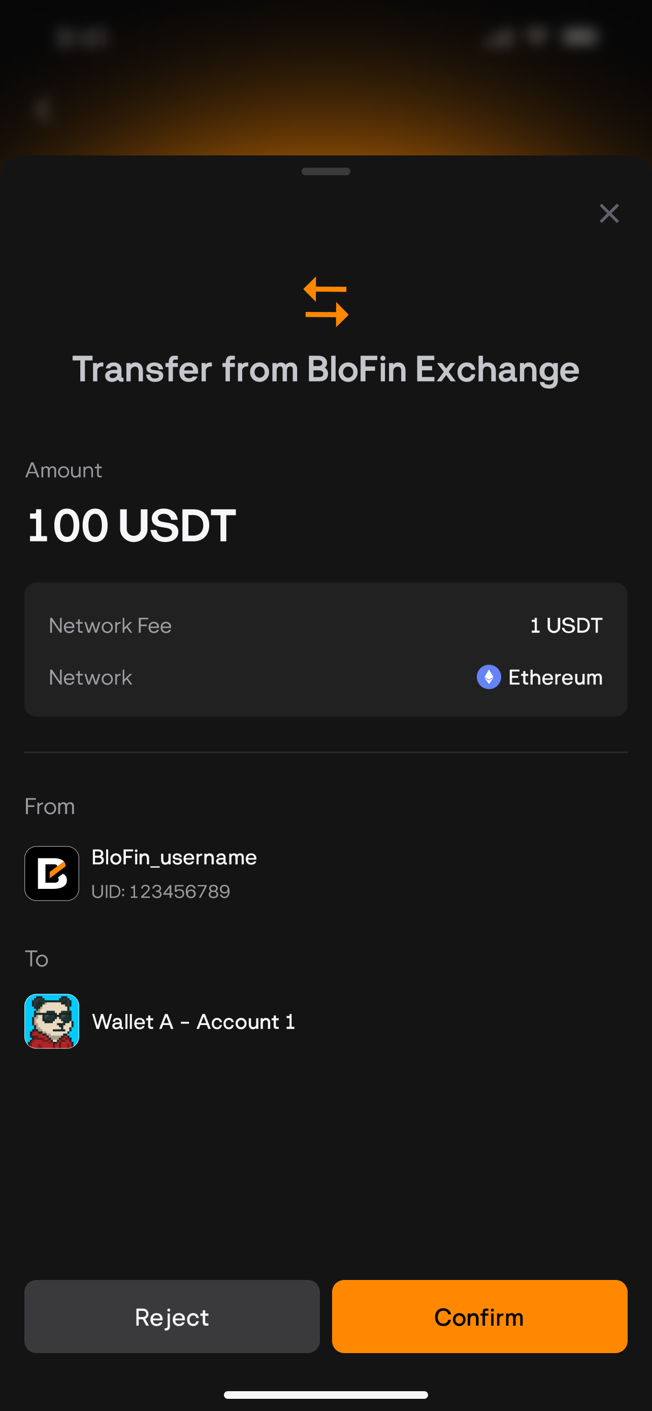 BloFin Wallet screen: fast transfers